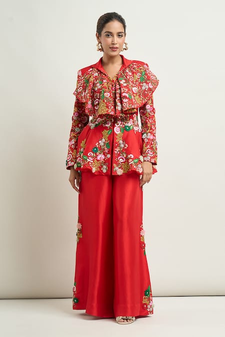 Anamika Khanna Red Embroidery Collared Floral Peplum Top And Pant Set Online at Aza Fashions Anamika Khanna_Red Embroidery Collared Floral Peplum Top And Pant Set _Online_at_Aza_Fashions