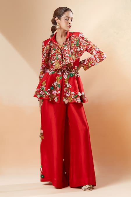 Buy Anamika Khanna Red Embroidery Collared Floral Peplum Top And Pant Set Online at Aza Fashions Buy_Anamika Khanna_Red Embroidery Collared Floral Peplum Top And Pant Set _Online_at_Aza_Fashions