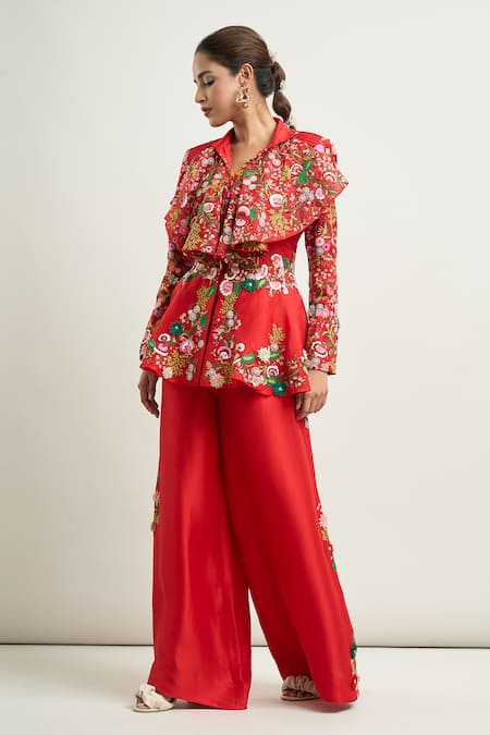 Shop Anamika Khanna Red Embroidery Collared Floral Peplum Top And Pant Set Online at Aza Fashions Shop_Anamika Khanna_Red Embroidery Collared Floral Peplum Top And Pant Set _Online_at_Aza_Fashions