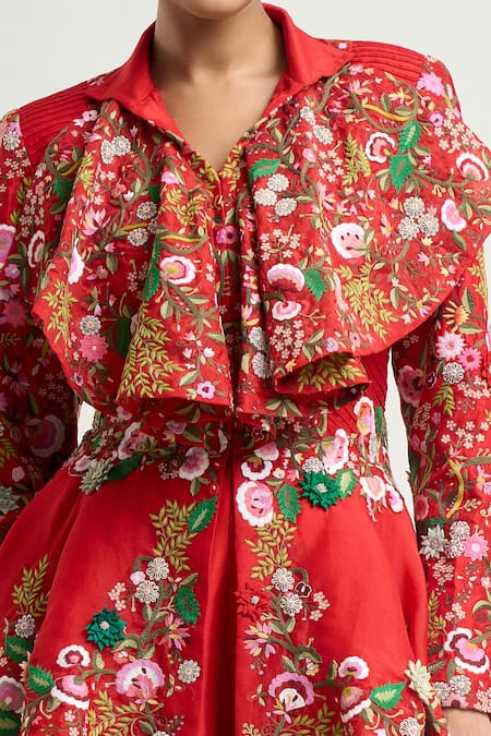 Anamika Khanna Red Embroidery Collared Floral Peplum Top And Pant Set at Aza Fashions Anamika Khanna_Red Embroidery Collared Floral Peplum Top And Pant Set _at_Aza_Fashions