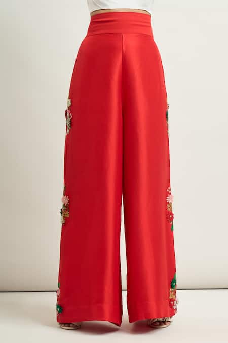 Buy Anamika Khanna Red Embroidery Collared Floral Peplum Top And Pant Set Buy_Anamika Khanna_Red Embroidery Collared Floral Peplum Top And Pant Set