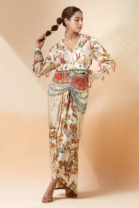 Anamika Khanna Beige Printed Floral Notched Lapel Short Jacket And Draped Skirt Set 