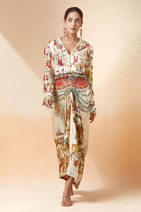 Buy_Anamika Khanna_Beige Silk Beads, Embroidery V-neck Printed Short Jacket And Draped Skirt Set_Online_at_Aza_Fashions