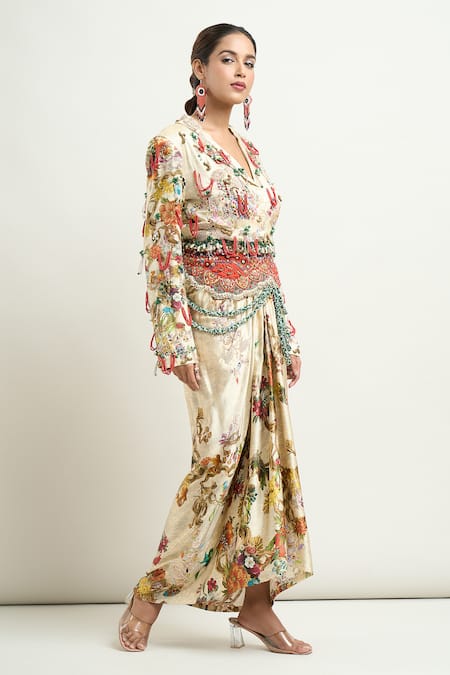 Shop_Anamika Khanna_Beige Silk Beads, Embroidery V-neck Printed Short Jacket And Draped Skirt Set_Online_at_Aza_Fashions