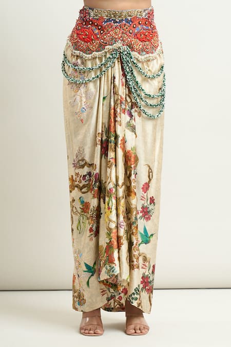 Buy_Anamika Khanna_Beige Silk Beads, Embroidery V-neck Printed Short Jacket And Draped Skirt Set