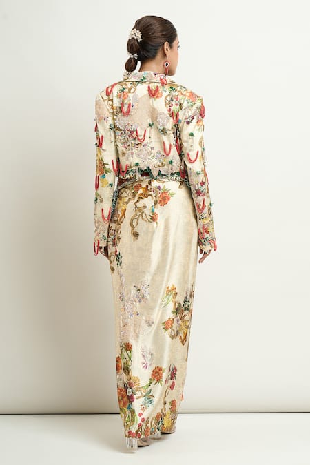 Shop Anamika Khanna Beige Silk Beads, Embroidery Collared Printed Short Jacket And Draped Skirt Set at Aza Fashions Shop_Anamika Khanna_Beige Silk Beads, Embroidery Collared Printed Short Jacket And Draped Skirt Set _at_Aza_Fashions