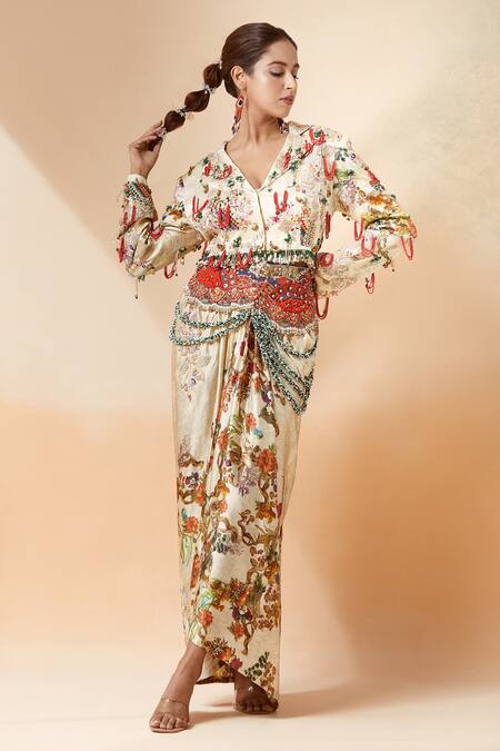 Anamika Khanna Beige Silk Beads, Embroidery Collared Printed Short Jacket And Draped Skirt Set Online at Aza Fashions Anamika Khanna_Beige Silk Beads, Embroidery Collared Printed Short Jacket And Draped Skirt Set _Online_at_Aza_Fashions