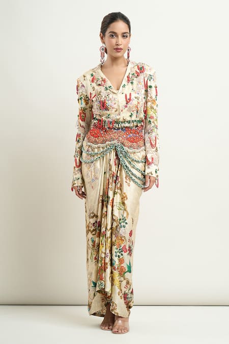 Buy Anamika Khanna Beige Silk Beads, Embroidery Collared Printed Short Jacket And Draped Skirt Set Online at Aza Fashions Buy_Anamika Khanna_Beige Silk Beads, Embroidery Collared Printed Short Jacket And Draped Skirt Set _Online_at_Aza_Fashions