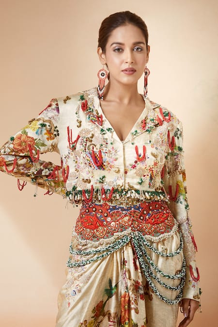 Anamika Khanna Beige Silk Beads, Embroidery Collared Printed Short Jacket And Draped Skirt Set at Aza Fashions Anamika Khanna_Beige Silk Beads, Embroidery Collared Printed Short Jacket And Draped Skirt Set _at_Aza_Fashions