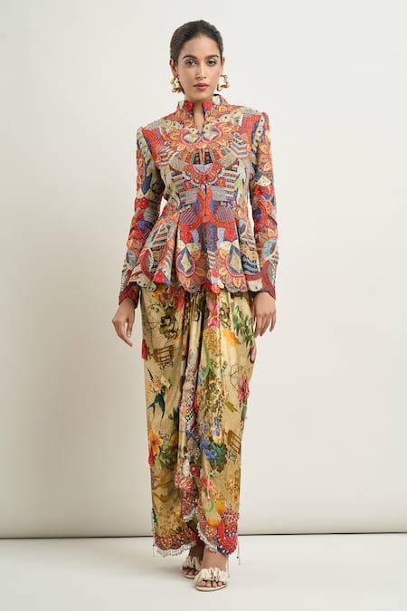 Anamika Khanna African Embroidered Godet Jacket & Draped Skirt Set 