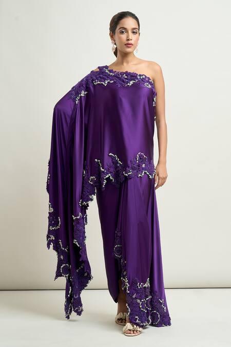 Anamika Khanna_Purple Satin Pearls, Embroidery One Shoulder Cape And Skirt Set_Online_at_Aza_Fashions