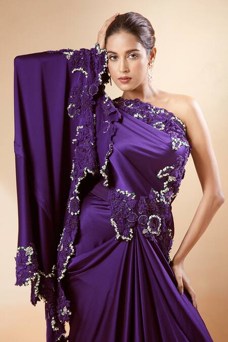 Buy_Anamika Khanna_Purple Satin Pearls, Embroidery One Shoulder Cape And Skirt Set_Online_at_Aza_Fashions