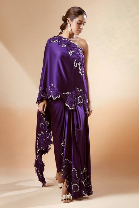 Shop_Anamika Khanna_Purple Satin Pearls, Embroidery One Shoulder Cape And Skirt Set_Online_at_Aza_Fashions