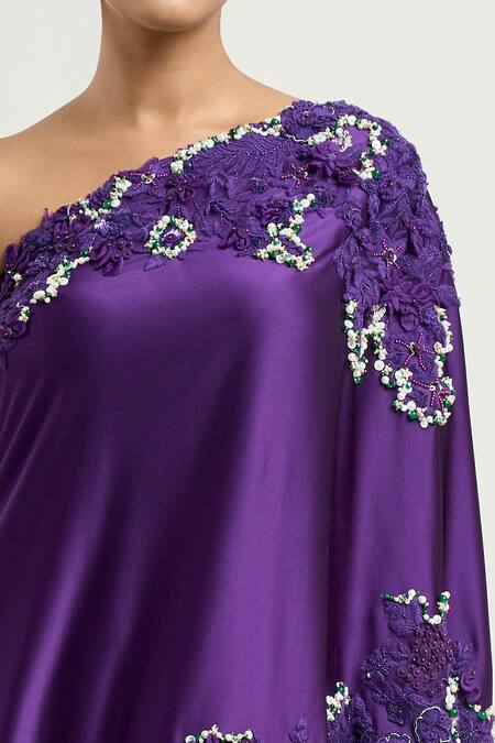 Anamika Khanna_Purple Satin Pearls, Embroidery One Shoulder Cape And Skirt Set_at_Aza_Fashions
