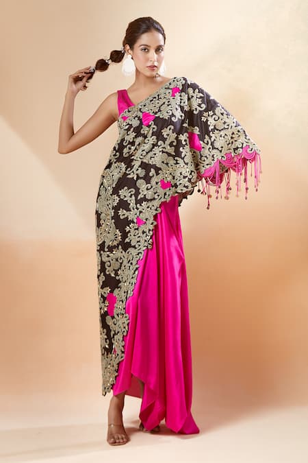 Anamika Khanna Pink Embroidered Floral Cape One Shoulder And Draped Skirt Set 