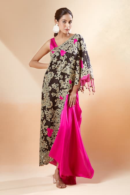 Anamika Khanna_Pink Georgette Tassels Round Neck Embroidered Cape And Draped Skirt Set_Online_at_Aza_Fashions