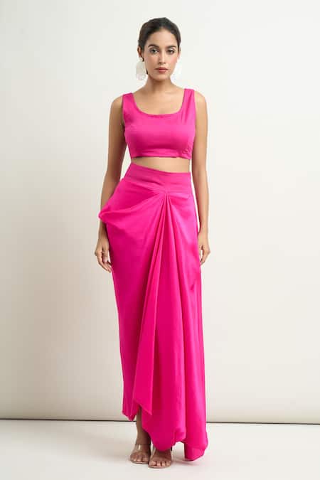 Shop_Anamika Khanna_Pink Georgette Tassels Round Neck Embroidered Cape And Draped Skirt Set_Online_at_Aza_Fashions