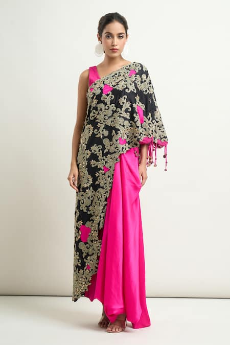 Anamika Khanna_Pink Georgette Tassels Round Neck Embroidered Cape And Draped Skirt Set_at_Aza_Fashions