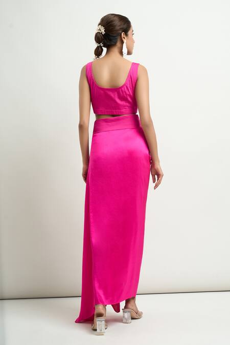 Shop_Anamika Khanna_Pink Georgette Tassels Round Neck Embroidered Cape And Draped Skirt Set