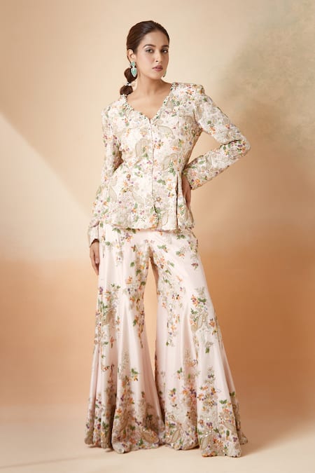 Anamika Khanna Pink Embroidered Floral V Neck Resham Godet Jacket And Sharara Set 