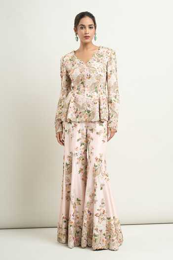 Anamika Khanna_Pink Silk Embroidery V-neck Resham Godet Jacket And Sharara Set _Online_at_Aza_Fashions