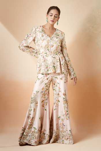 Buy_Anamika Khanna_Pink Silk Embroidery V-neck Resham Godet Jacket And Sharara Set _Online_at_Aza_Fashions