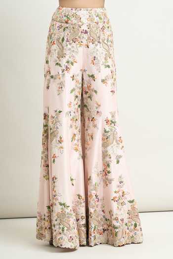 Shop_Anamika Khanna_Pink Silk Embroidery V-neck Resham Godet Jacket And Sharara Set _Online_at_Aza_Fashions