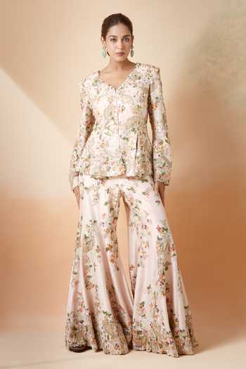 Anamika Khanna_Pink Silk Embroidery V-neck Resham Godet Jacket And Sharara Set _at_Aza_Fashions