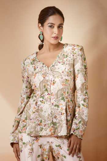 Buy_Anamika Khanna_Pink Silk Embroidery V-neck Resham Godet Jacket And Sharara Set 
