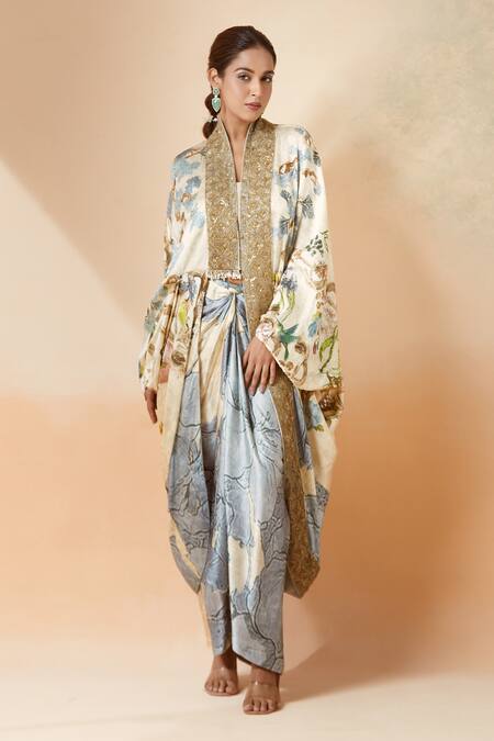 Anamika Khanna White Silk Embroidery Blooming Print Cape And Draped Skirt Set Online at Aza Fashions Anamika Khanna_White Silk Embroidery Blooming Print Cape And Draped Skirt Set _Online_at_Aza_Fashions