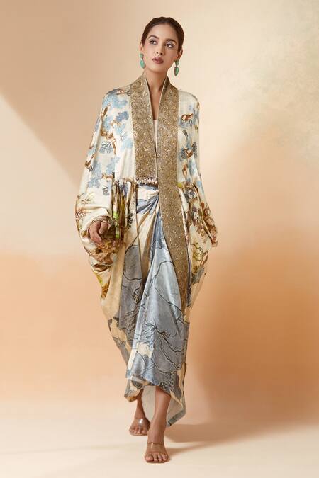 Buy Anamika Khanna White Silk Embroidery Blooming Print Cape And Draped Skirt Set Online at Aza Fashions Buy_Anamika Khanna_White Silk Embroidery Blooming Print Cape And Draped Skirt Set _Online_at_Aza_Fashions
