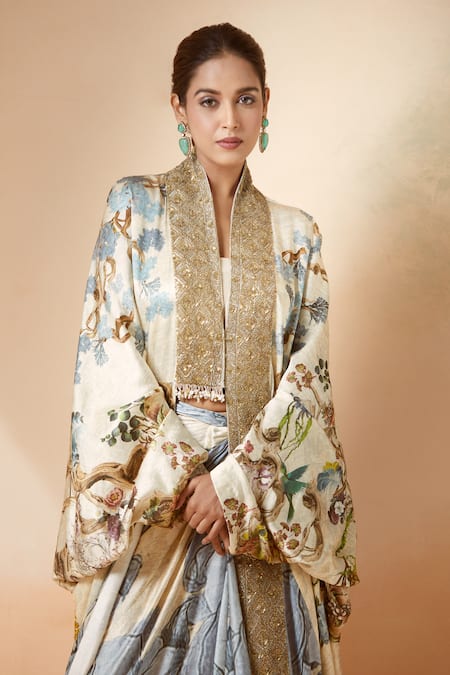 Shop Anamika Khanna White Silk Embroidery Blooming Print Cape And Draped Skirt Set Online at Aza Fashions Shop_Anamika Khanna_White Silk Embroidery Blooming Print Cape And Draped Skirt Set _Online_at_Aza_Fashions