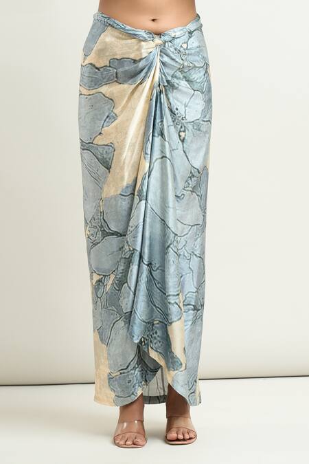 Anamika Khanna White Silk Embroidery Blooming Print Cape And Draped Skirt Set at Aza Fashions Anamika Khanna_White Silk Embroidery Blooming Print Cape And Draped Skirt Set _at_Aza_Fashions