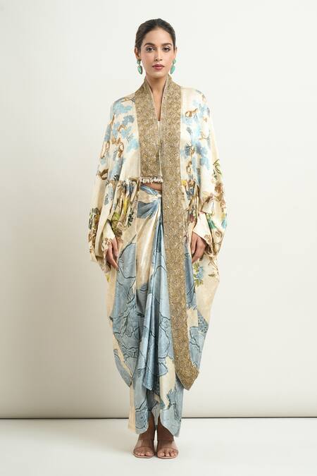 Buy Anamika Khanna White Silk Embroidery Blooming Print Cape And Draped Skirt Set Buy_Anamika Khanna_White Silk Embroidery Blooming Print Cape And Draped Skirt Set