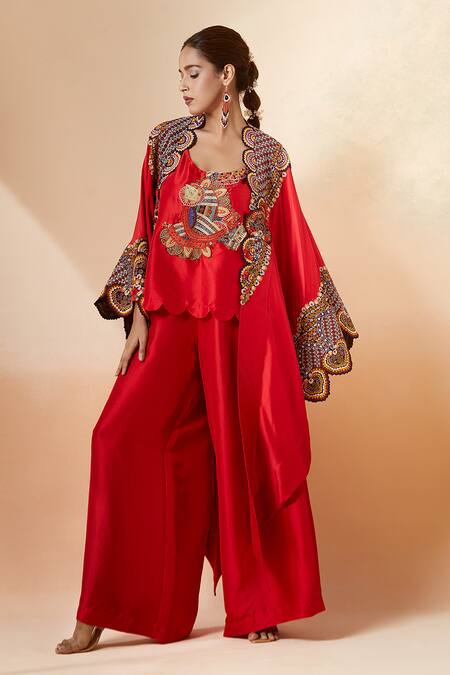 Anamika Khanna Red Silk Embroidery Round Neck Cape And Flared Pant Set Online at Aza Fashions Anamika Khanna_Red Silk Embroidery Round Neck Cape And Flared Pant Set_Online_at_Aza_Fashions