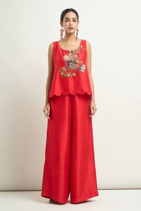Buy Anamika Khanna Red Silk Embroidery Round Neck Cape And Flared Pant Set Online at Aza Fashions Buy_Anamika Khanna_Red Silk Embroidery Round Neck Cape And Flared Pant Set_Online_at_Aza_Fashions