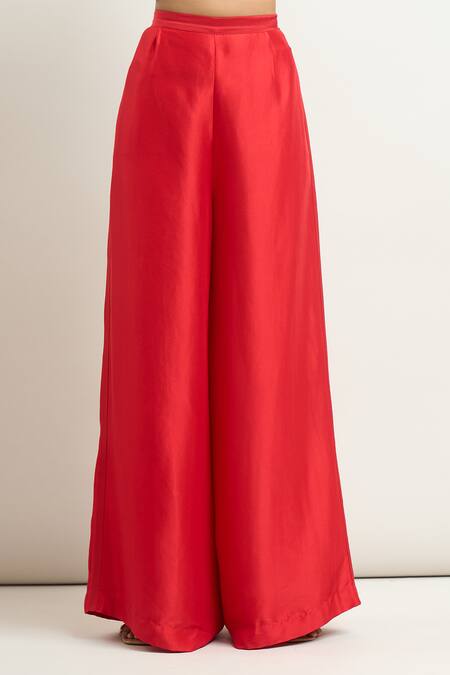 Shop Anamika Khanna Red Silk Embroidery Round Neck Cape And Flared Pant Set Online at Aza Fashions Shop_Anamika Khanna_Red Silk Embroidery Round Neck Cape And Flared Pant Set_Online_at_Aza_Fashions