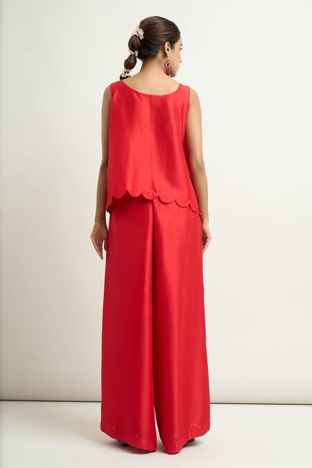 Anamika Khanna Red Silk Embroidery Round Neck Cape And Flared Pant Set at Aza Fashions Anamika Khanna_Red Silk Embroidery Round Neck Cape And Flared Pant Set_at_Aza_Fashions