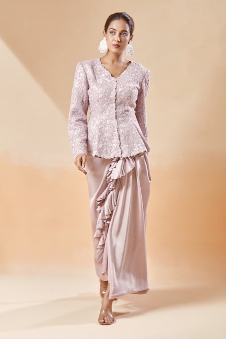Anamika Khanna Purple Polyester, Silk Sequins, Embroidered Godet Jacket And Frill Draped Skirt Online at Aza Fashions Anamika Khanna_Purple Polyester, Silk Sequins, Embroidered Godet Jacket And Frill Draped Skirt _Online_at_Aza_Fashions