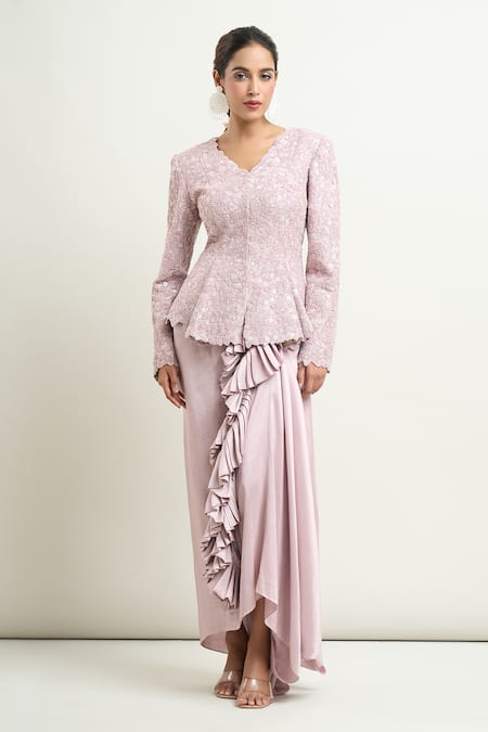 Buy Anamika Khanna Purple Polyester, Silk Sequins, Embroidered Godet Jacket And Frill Draped Skirt Online at Aza Fashions Buy_Anamika Khanna_Purple Polyester, Silk Sequins, Embroidered Godet Jacket And Frill Draped Skirt _Online_at_Aza_Fashions