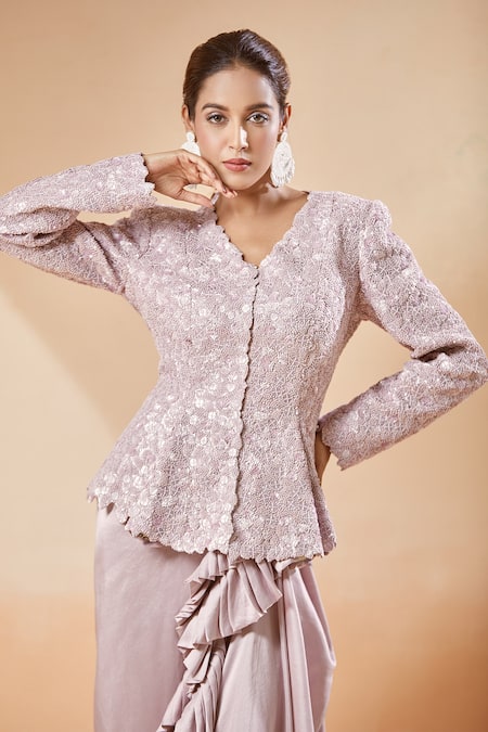 Anamika Khanna Purple Polyester, Silk Sequins, Embroidered Godet Jacket And Frill Draped Skirt at Aza Fashions Anamika Khanna_Purple Polyester, Silk Sequins, Embroidered Godet Jacket And Frill Draped Skirt _at_Aza_Fashions