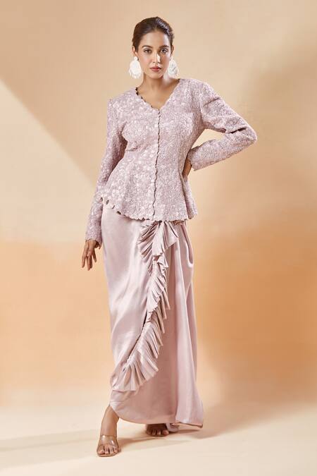 Buy Anamika Khanna Purple Polyester, Silk Sequins, Embroidered Godet Jacket And Frill Draped Skirt Buy_Anamika Khanna_Purple Polyester, Silk Sequins, Embroidered Godet Jacket And Frill Draped Skirt