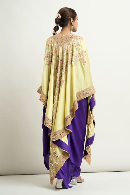 Shop Anamika Khanna Purple Georgette, Silk Embroidery Round Neck Cape With Draped Skirt Set at Aza Fashions Shop_Anamika Khanna_Purple Georgette, Silk Embroidery Round Neck Cape With Draped Skirt Set _at_Aza_Fashions