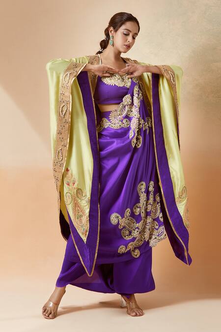 Anamika Khanna Purple Georgette, Silk Embroidery Round Neck Cape With Draped Skirt Set Online at Aza Fashions Anamika Khanna_Purple Georgette, Silk Embroidery Round Neck Cape With Draped Skirt Set _Online_at_Aza_Fashions