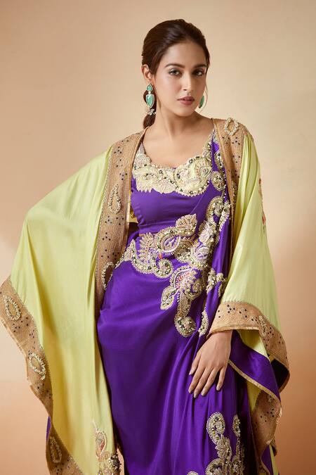 Shop Anamika Khanna Purple Georgette, Silk Embroidery Round Neck Cape With Draped Skirt Set Online at Aza Fashions Shop_Anamika Khanna_Purple Georgette, Silk Embroidery Round Neck Cape With Draped Skirt Set _Online_at_Aza_Fashions