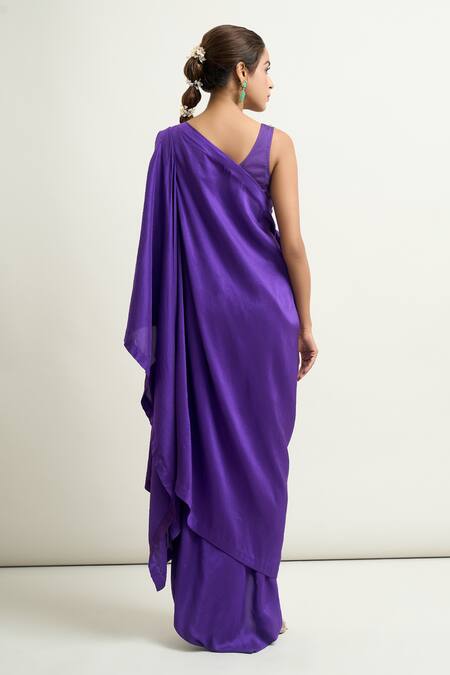 Anamika Khanna Purple Georgette, Silk Embroidery Round Neck Cape With Draped Skirt Set at Aza Fashions Anamika Khanna_Purple Georgette, Silk Embroidery Round Neck Cape With Draped Skirt Set _at_Aza_Fashions