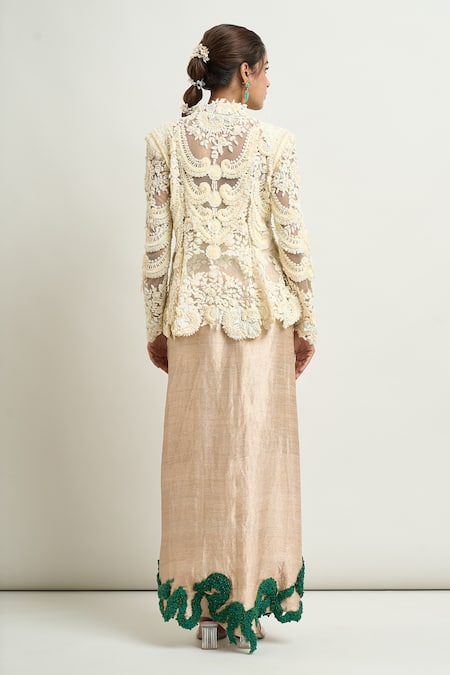 Shop Anamika Khanna Ivory Lace, Silk Lace, Pearls, Beads Embroidered Godet Jacket And Draped Skirt Set at Aza Fashions Shop_Anamika Khanna_Ivory Lace, Silk Lace, Pearls, Beads Embroidered Godet Jacket And Draped Skirt Set_at_Aza_Fashions
