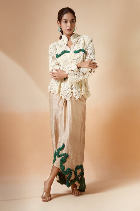 Anamika Khanna Ivory Lace, Silk Lace, Pearls, Beads Embroidered Godet Jacket And Draped Skirt Set Online at Aza Fashions Anamika Khanna_Ivory Lace, Silk Lace, Pearls, Beads Embroidered Godet Jacket And Draped Skirt Set_Online_at_Aza_Fashions