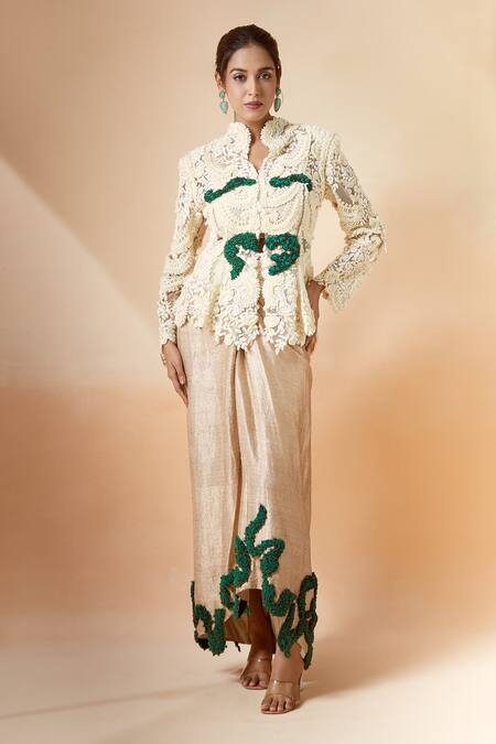 Shop Anamika Khanna Ivory Lace, Silk Lace, Pearls, Beads Embroidered Godet Jacket And Draped Skirt Set Online at Aza Fashions Shop_Anamika Khanna_Ivory Lace, Silk Lace, Pearls, Beads Embroidered Godet Jacket And Draped Skirt Set_Online_at_Aza_Fashions