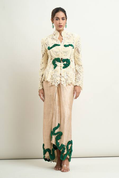 Anamika Khanna Ivory Lace, Silk Lace, Pearls, Beads Embroidered Godet Jacket And Draped Skirt Set at Aza Fashions Anamika Khanna_Ivory Lace, Silk Lace, Pearls, Beads Embroidered Godet Jacket And Draped Skirt Set_at_Aza_Fashions